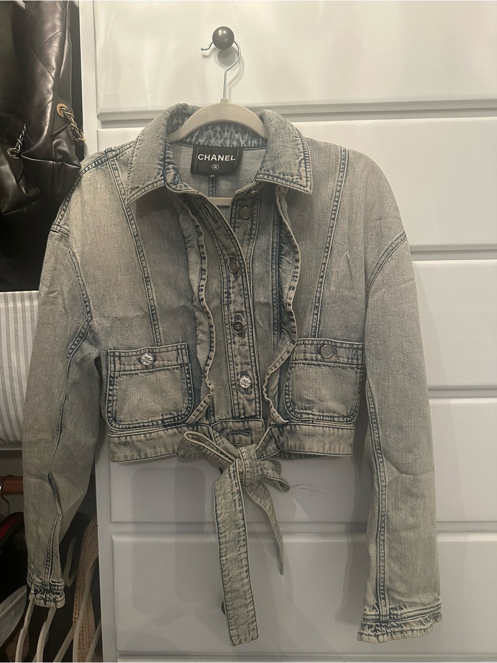 CHANEL Distressed Light Gray Cropped Denim Jacket with Tie Waist